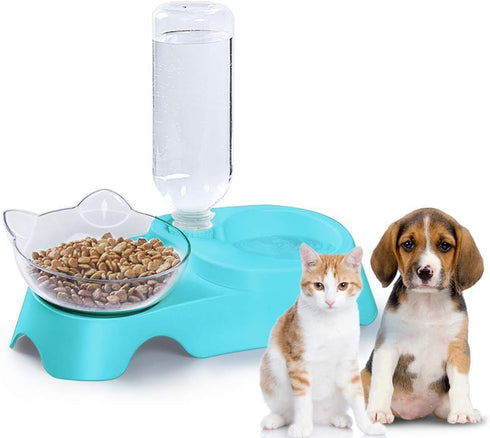 MILIFUN Double Dog Cat Bowls, 15°Tilted Water and Food Bowl Set with Automatic Waterer Bottle for Small or Medium Dogs