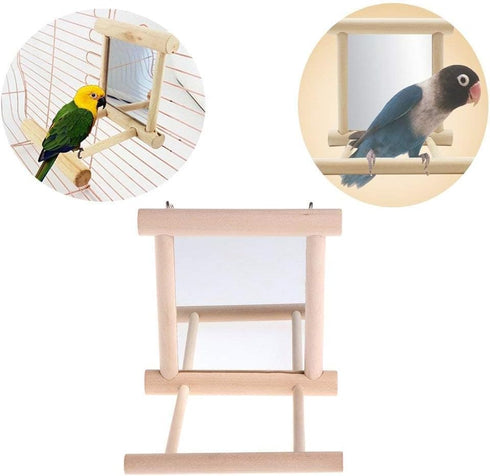 Bird Mirror Wooden Hanging Swing Interactive Play Toys for Small Parrots, 2 PCS Accessories