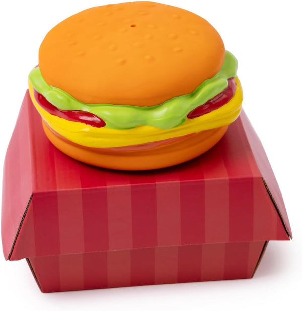 Hamburger Themed Dog Toy, Extremely Durable Squeaky Chew and Fetch Toy, Unique Burger Packaging