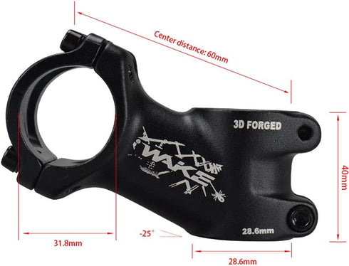 Stem 31.8 60mm 25 Degree Wake Mountain Bike Stem, Short Handlebar Stem for Most Bicycles, Black Aluminum