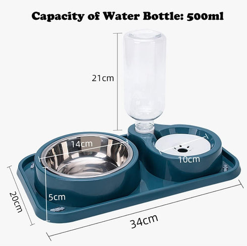 Double Dog Cat Bowls 2 in 1 Set with Automatic Gravity Water Dispenser Bottle, Detachable Stainless Steel Bowl, No-Spill