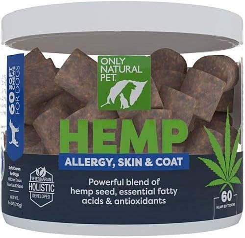 Only Natural Pet Allergy, Skin & Coat Hemp Soft Chews, Omega 3 Supplement for Dogs, Calming Treats for Itchy Skin
