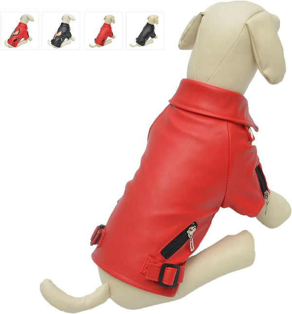 Lovelonglong Cool Dog Leather Jacket, Warm Windproof Coats for Large Medium Small Dogs, Red XXL