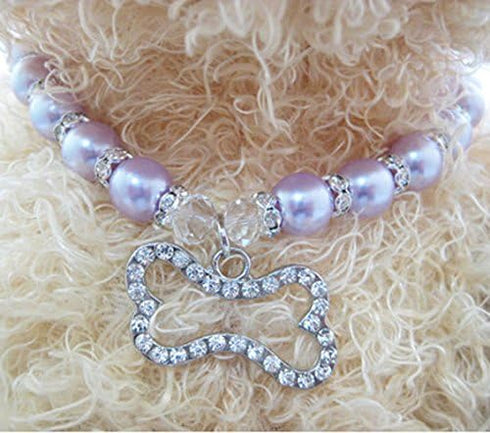 Crystal Dog Pearls Necklace with Bling Rhinestone Bone Charm for Small Dogs, Adjustable, Purple, 12-14 Inch