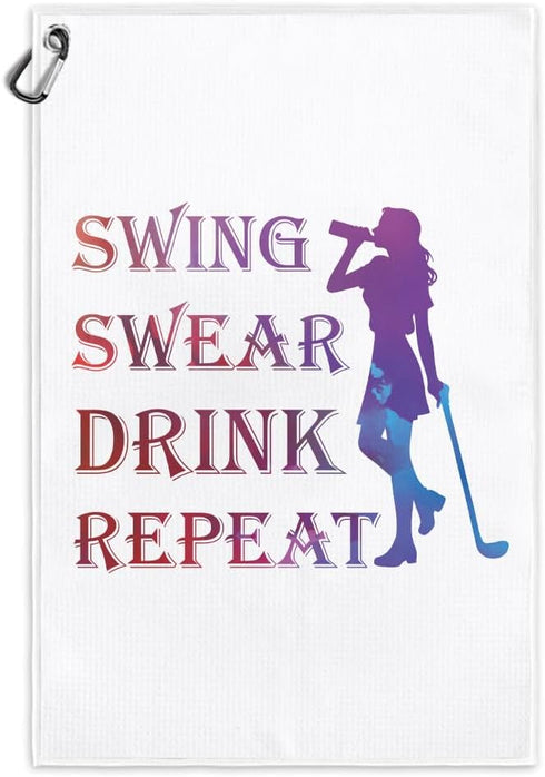 Swing Swear Repeat Funny Printed Microfiber Golf Towel with Clip, Great Gifts for Mom Golf Fan Golfer