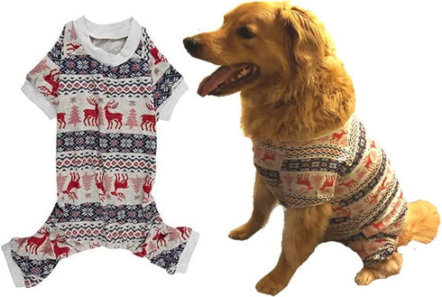 Xmas Grey Reindeer Cotton Pet Dog Christmas Pajamas, Jumpsuit X-Large, 22" Back Length, Girth 26-32"