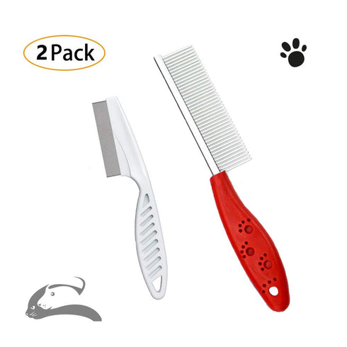 Pet Comb for Dogs & Cats - 2 Combs, Stainless Steel Teeth for Removing Matted Fur, Knots & Tangles, Red