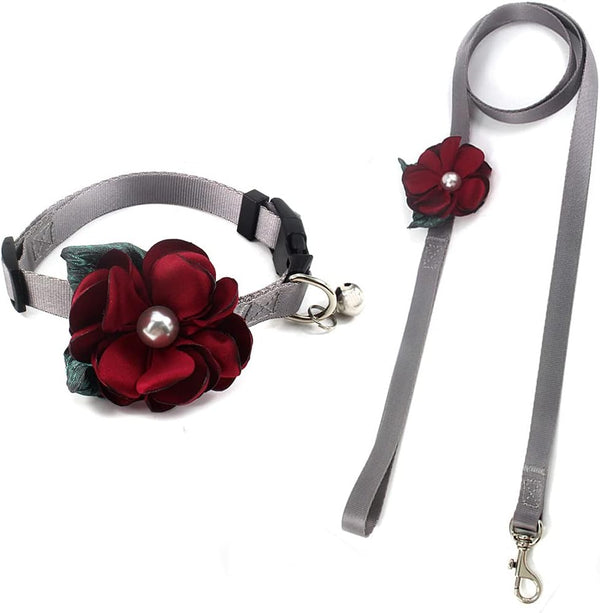 XS Female Dog Collar, Detachable Flower Cat Collar for Girl Cats with Bell Pearl Pistil Green Leaf, Soft Nylon, Red