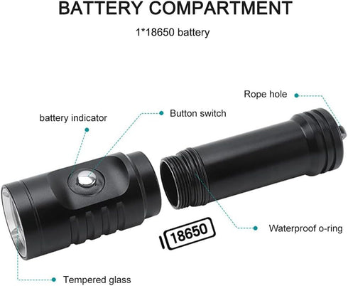 Scuba Diving Flashlight, 10000 Lumen IPX8 Waterproof Snorkeling Light, Rechargeable with 3 Modes