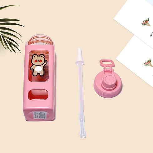 Kawaii Bear Water Bottle With Straw, Portable Square Drinking Bottle for Girl, Cute Juice Tea Water Cups (700ml, Pink)