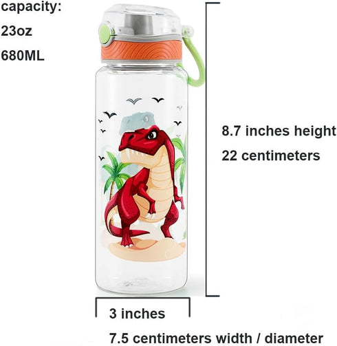 Home Tune 23oz Kids Water Bottle for School Boys, BPA FREE Tritan, Leak Proof Flip Top Lid, Carry Handle - Dinosaur.