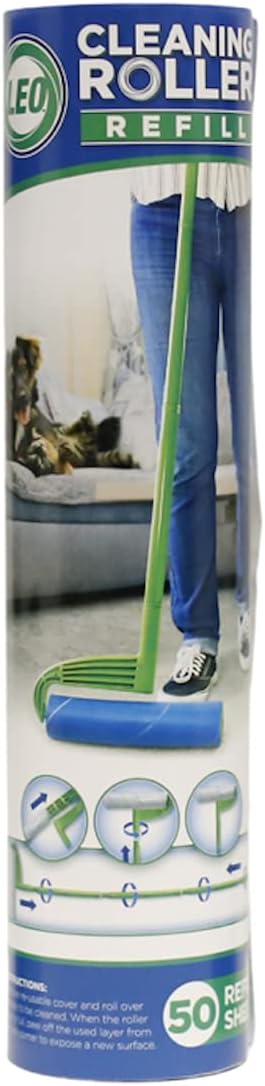 Leo Large 10-Inch Wide Lint Roller Refills, 25 Sheets with Extendable Handle to 45 Inch for Household Cleaning