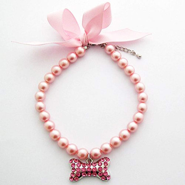 Fancy Pearls Crystal Dog Necklace Jewelry with Bling Rhinestones Big Bone Charm for Small Dogs, Pink