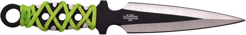 Z Hunter Throwing Knife Set, Set of 3 Knives with Target Board, Black/Satin Steel Blades, Green Cord Wrapped Handles