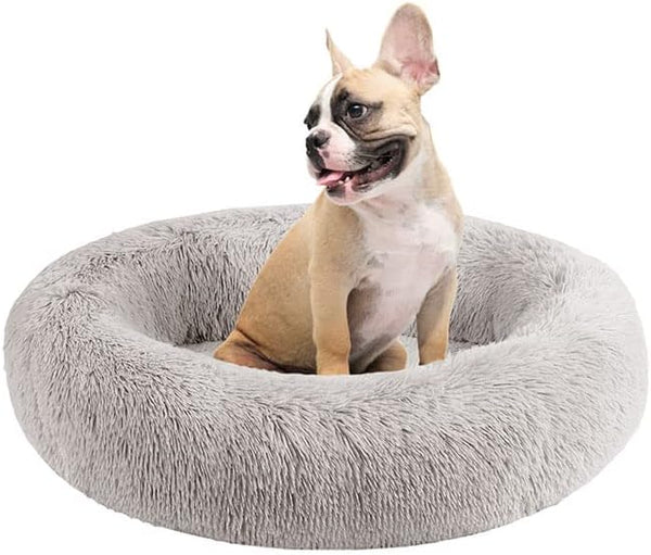 Friends Forever Grey Serena Donut Memory Foam Orthopedic Dog Bed, Soft Faux Fur Oval Cat Couch, Machine Washable