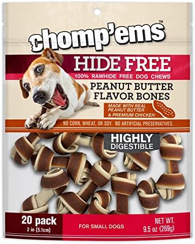 CHOMP 'EMS Chicken & Peanut Butter Hide Free Dog Chews - 20 Count, Rawhide Free Chew for All Life Stages
