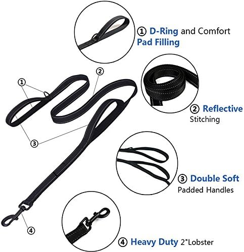 Heavy Duty Dog Leash, 5FT/6FT Double Handle Reflective Training Lead for Large Breed Dogs, Black