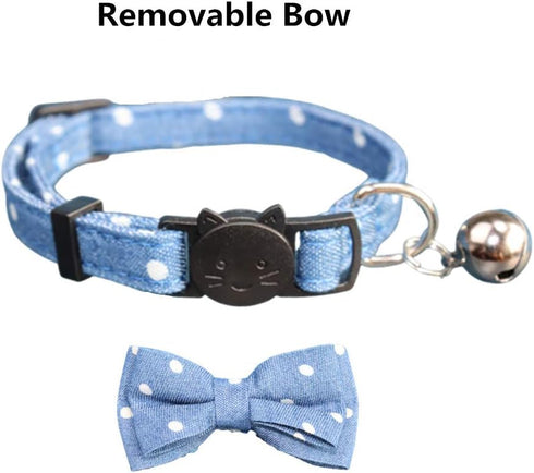 THAIN Breakaway Cat Collar with Bell and Bow Tie, Adjustable Denim Dots Safety Buckle with Name Tag for Kittens