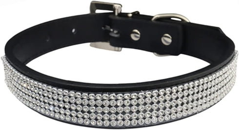 THAIN Basic Adjustable Dog Cat Collar, Bling Rhinestones, PU Leather with Rhinestones Buckle, Black, L (Length 15"-18")