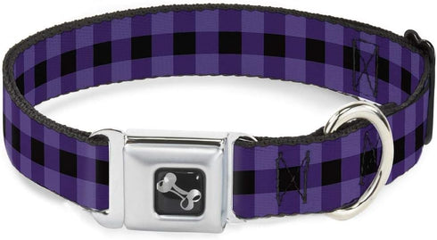 Buckle-Down Dog Collar - Seatbelt Buckle Buffalo Plaid Black/Purple - 1.5" Wide - Fits 18-32" Neck - Large