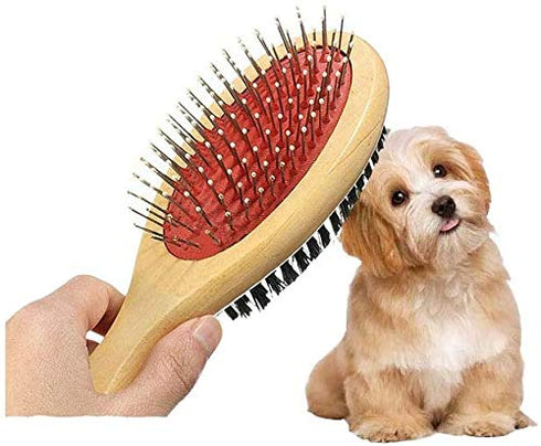 Wooden Dog Brush Double Sided, Pet Hair Grooming Brush for Dogs & Cats, Pin and Bristle Soft Brush for Cleaning