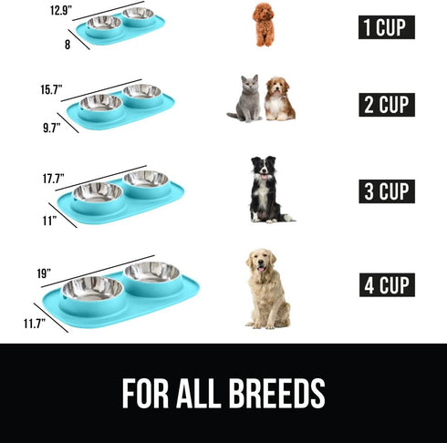 Gorilla Grip 100% Waterproof Cat and Dog Bowls, Silicone Feeding Mat Set, Stainless Steel Bowl, 1 Cup, Turquoise