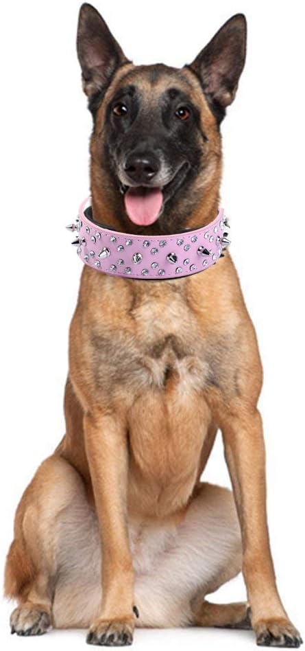 Stylish Rhinestones Dog Collar with Bullet Rivets, Soft and Adjustable Leather for Medium and Large Dogs, Black,