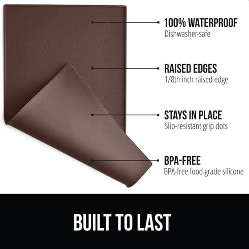Gorilla Grip 100% Waterproof Raised Edge BPA Free Silicone Pet Feeding Mat, Dog Cat Food Mats Contain Spills Protects Floors, Placemats for Cats and Dogs Water Bowl, Pets Accessories 16x10, Brown