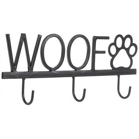 Gerson 10 inch Black Metal Dog Leash Holder Wall Hook, WOOF and Paw Print Home Pet Decor