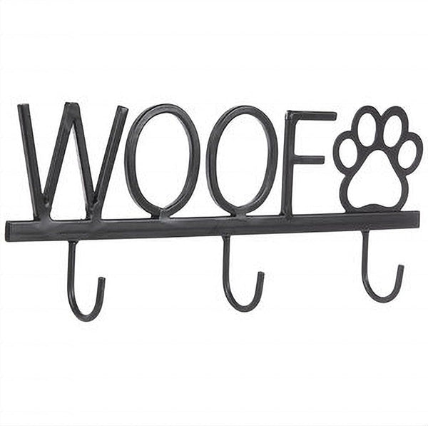 Gerson 10 inch Black Metal Dog Leash Holder Wall Hook, WOOF and Paw Print Home Pet Decor