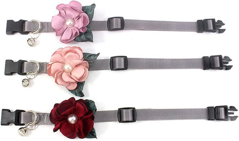 XS Female Dog Collar, Detachable Flower Cat Collar for Girl Cats with Bell Pearl Pistil Green Leaf, Soft Nylon, Red
