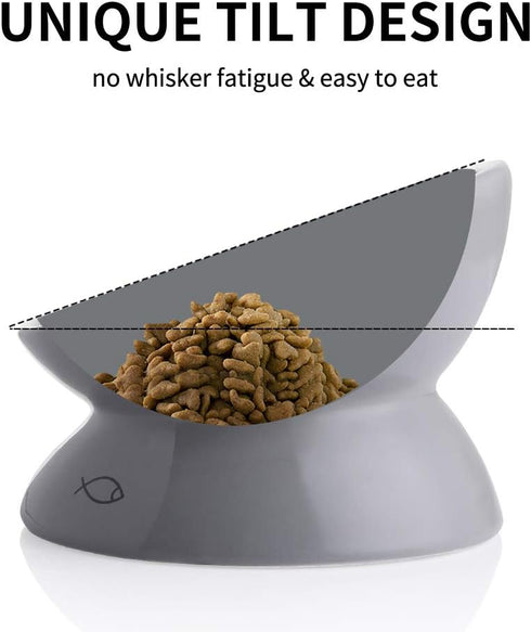 Sweejar Ceramic Raised Cat Bowls - Grey | Slanted Cat Dish for Food or Water, Elevated Porcelain Pet Feeder Bowl