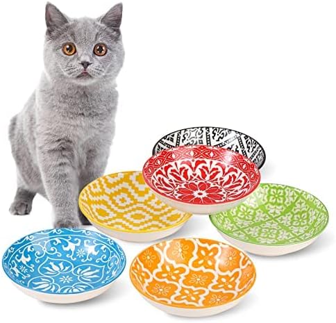 Ceramic Cat Food Bowl Set, Wide Shallow Bowls for Relief Whisker Fatigue, Colorful Flat Cat Dish, Microwave Safe