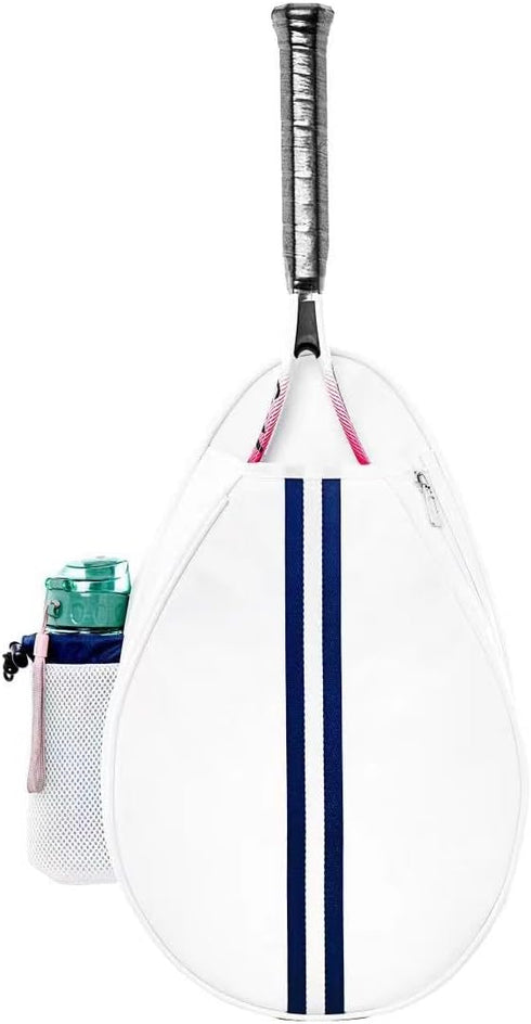 White PU One Shoulder Crossbody Tennis Backpack Sling Bag for Women with Water Bottle Holder