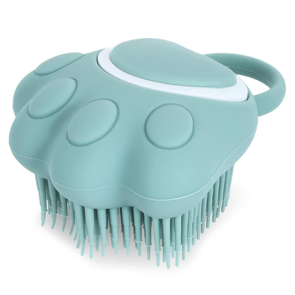 Dog Cat Bath Brush Comb - Silicone Rubber Grooming Brush with Soft Shampoo Dispenser (Blue Paw Shape)