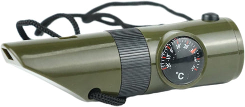 Multifunctional 7 in 1 Camping Hiking Outdoor Whistle with Compasses, Magnifier, LED Flashlight, Thermometer