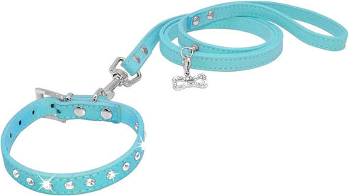 Dogs Kingdom Jeweled Rhinestones Pet Dog Collar Leash Set, 10"-16.5" Total Length, Blue M