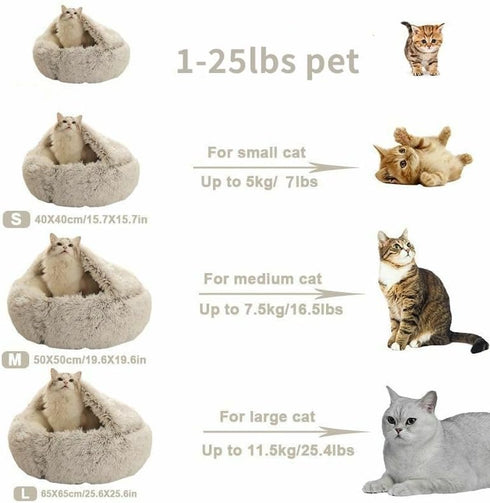 Cat Bed Round Fluffy Hooded Cave - Anti-Anxiety Cozy Cuddler Luxury Pet Bed with Hooded Blanket, Machine Washable Brown