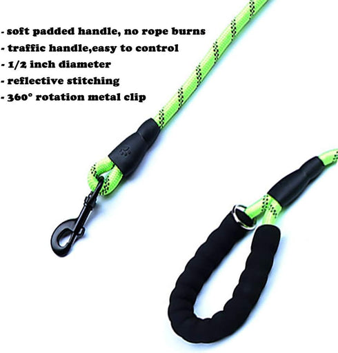 Love Dream Dog Leash, 5ft Long, 2 Comfortable Padded Handles, Reflective Threads, Double Handles for Control Safety