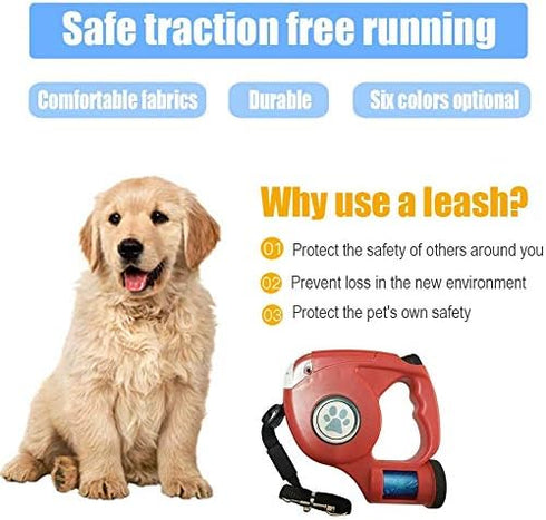JEBBLAS Dog Retractable Leash with Flashlight and Waste Bag Dispenser, 3 in 1 Automatic 15ft Walking Leash