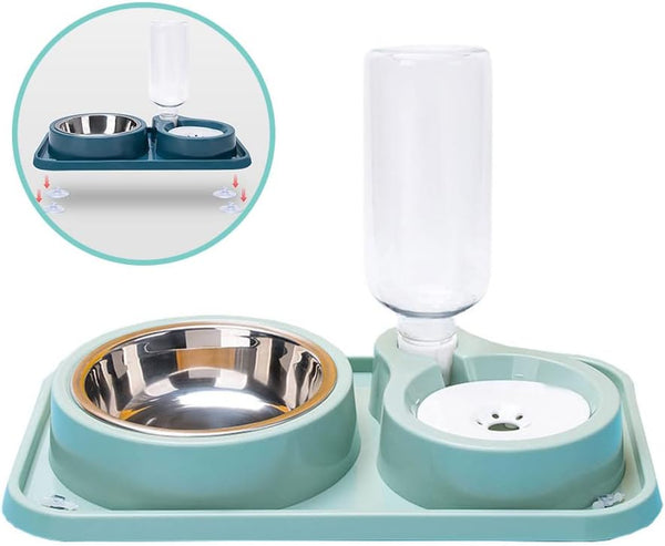 Double Dog Cat Bowls, Pet Water and Food Bowl Set, Automatic Water Dispenser, No-Spill Design