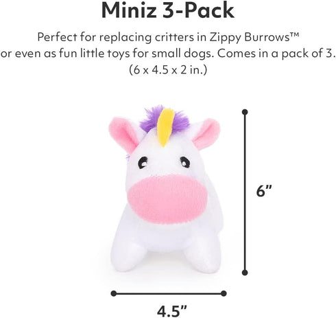 ZippyPaws Burrow Replacement Miniz, Unicorn 3-Pack Plush Dog Toys with Squeakers, Rainbow