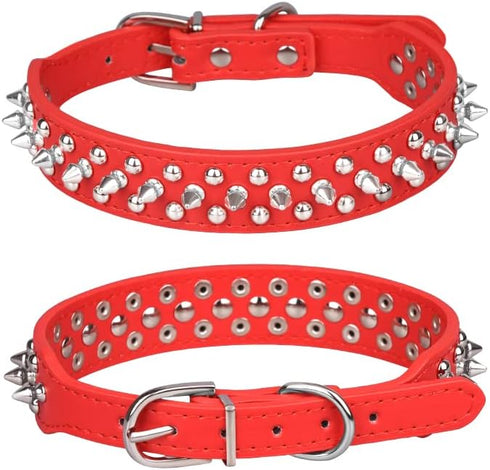 Spiked Dog Collar, Soft PU Leather Mushrooms Rivet Spike Studded Adjustable Puppy Collars (L, Red)