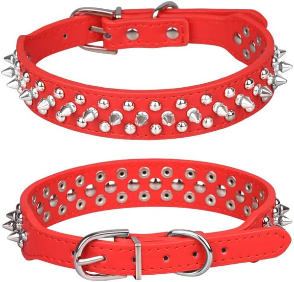 Spiked Dog Collar, Soft PU Leather Mushrooms Rivet Spike Studded Adjustable Puppy Collars (L, Red)