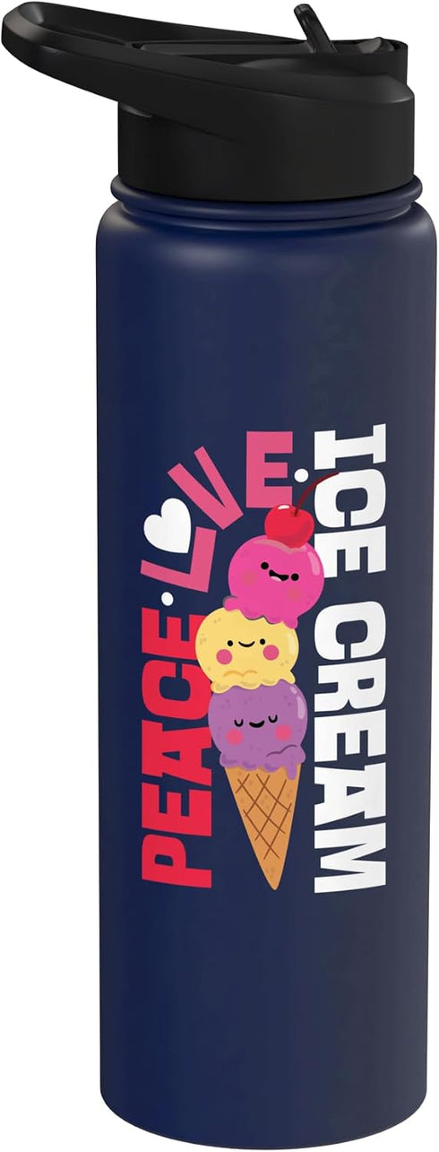 Cute Ice Cream Lover Boy Girl HS0 Ice Cream Cone Peace Love Ice Cream Stainless Steel Insulated Water Bottle