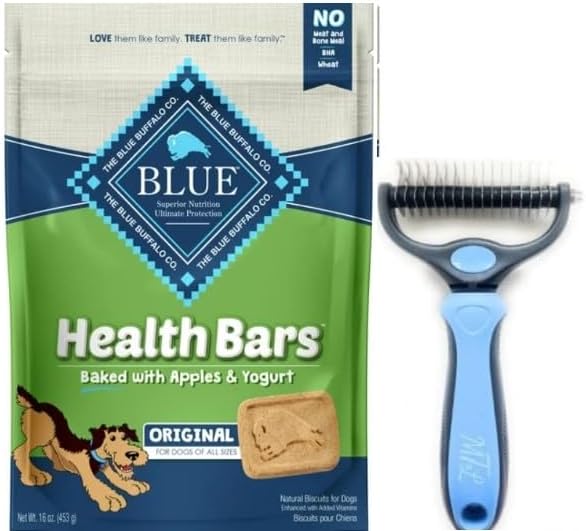 MT&L Snack Health Bars Baked with Apples & Yogurt, 16oz Dog Treats Bundled with Blue Undercoat Rake