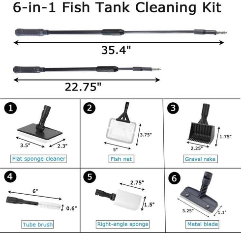 AQUANEAT Fish Tank Cleaning Tools, 6 in 1 Aquarium Cleaning Tools, including Algae Scraper, Sponge Pad, Fish Net, Gravel Rake and Cleaning Brush