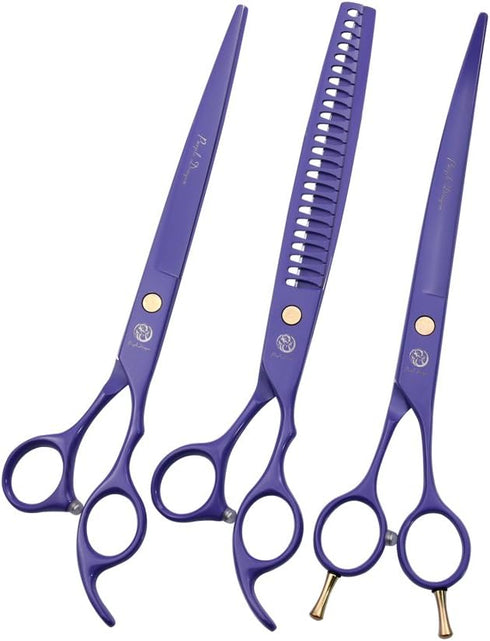 Purple Dragon 8.0 inch Professional Dog Grooming Hair Cutting Scissor & Curved Scissor & Chunker Shear Kit with Bag