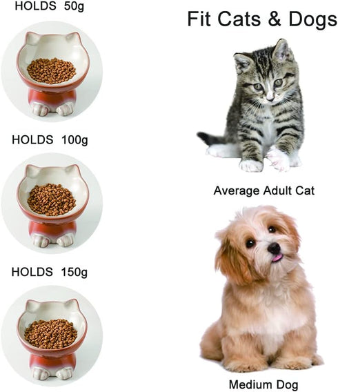Elevated Cat/Dog Bowls - 6.25 Inch Ceramic Raised Food & Water Bowl Set for Protecting Pet's Spine - Feeding Supplies
