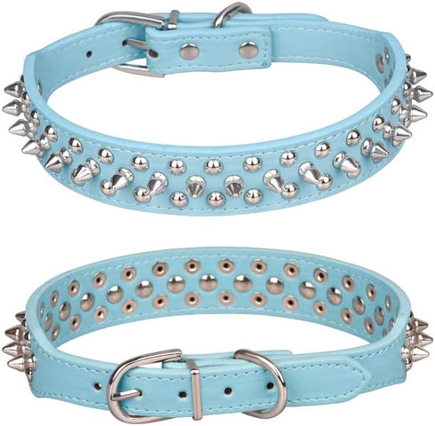 Adjustable Spiked Studded Dog Collar, Soft Leather Puppy Collar for Small Medium Dogs, Light Blue-2